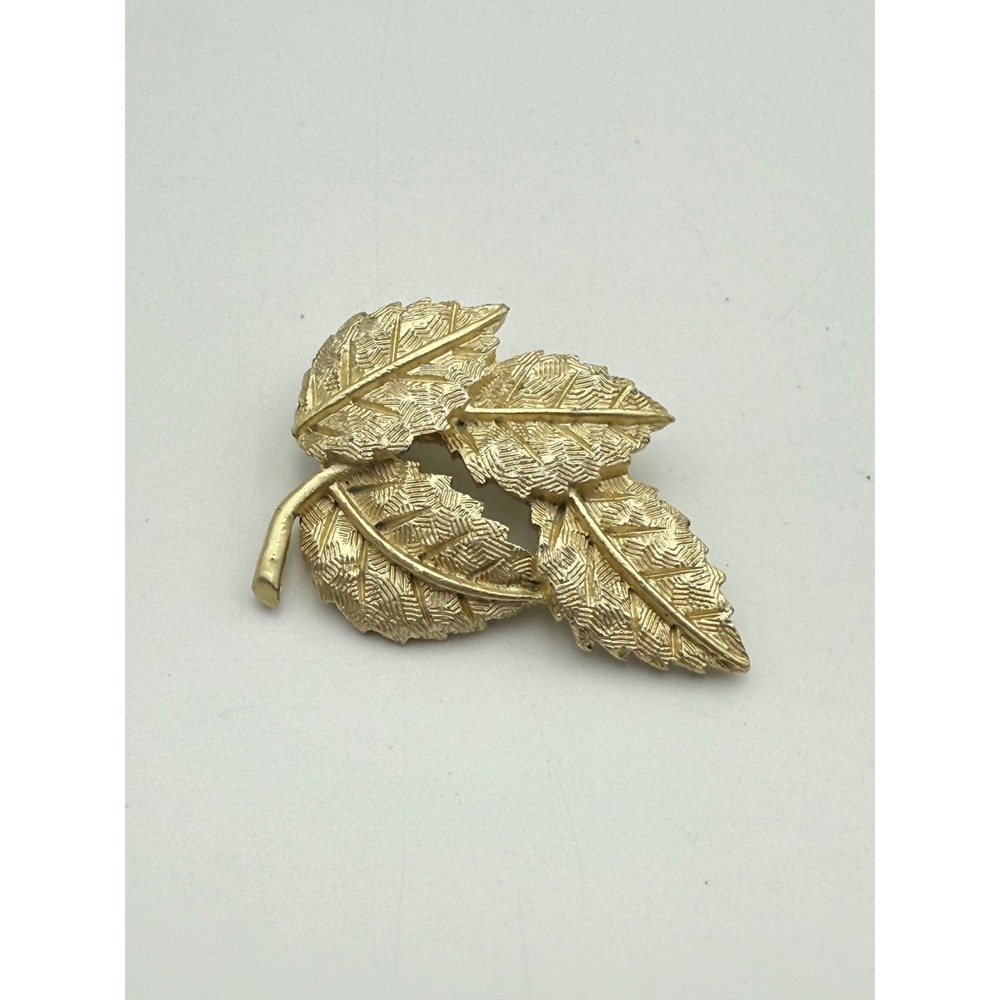 Vintage Gold Tone Triple Leaf Brooch Textured Botanical Pin Mid Century Style